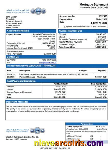 Jordan Islamic International Arab Bank mortgage statement Word and PDF template